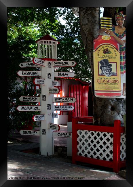International direction signpost in the centre of Philipsburg, St. Maarten, Caribbean. Framed Print by Peter Bolton