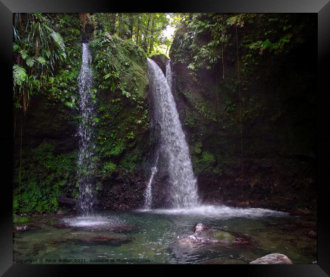 Hibiscus Waterfalls, North Dominica, Caribbean. Framed Print by Peter Bolton