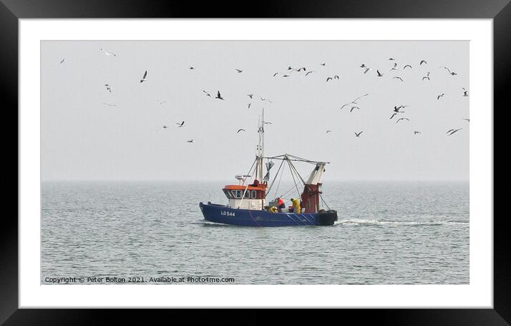 Fishing boat 'Lilley G' leaving Southend on Sea,  in the Thames Estuary Framed Mounted Print by Peter Bolton