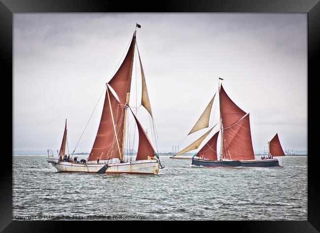 'Reminder' and 'Marjorie' Thames sailing barges racing off Westcliff on Sea in the Thames Estuary Framed Print by Peter Bolton