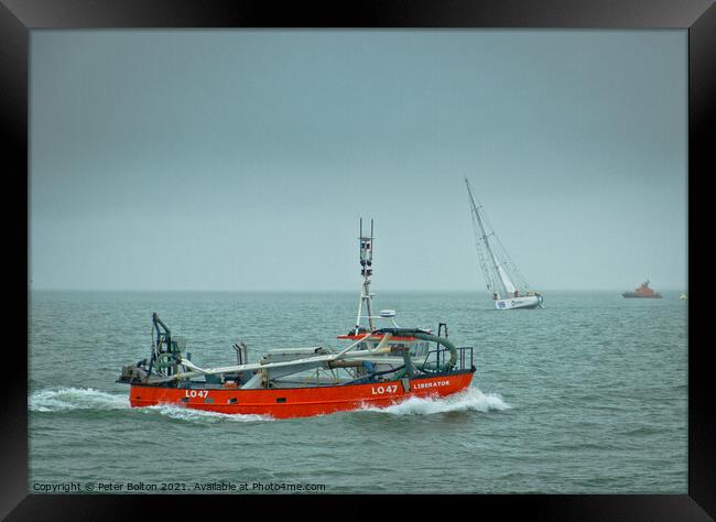 'Liberator' cockle dredging vessel off Southend on Sea, Essex. Framed Print by Peter Bolton