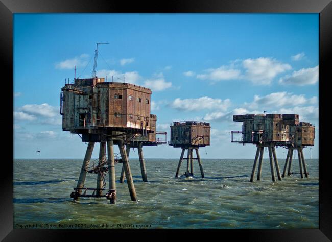 The Maunsell Forts, WWII armed towers built at 'Red Sands' in The Thames Estuary, UK. Framed Print by Peter Bolton