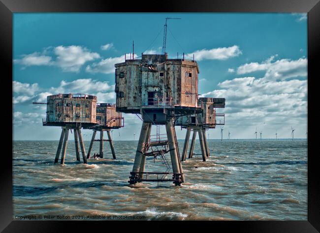 The Maunsell Forts, WWII armed towers built at 'Red Sands' in The Thames Estuary, UK. Framed Print by Peter Bolton