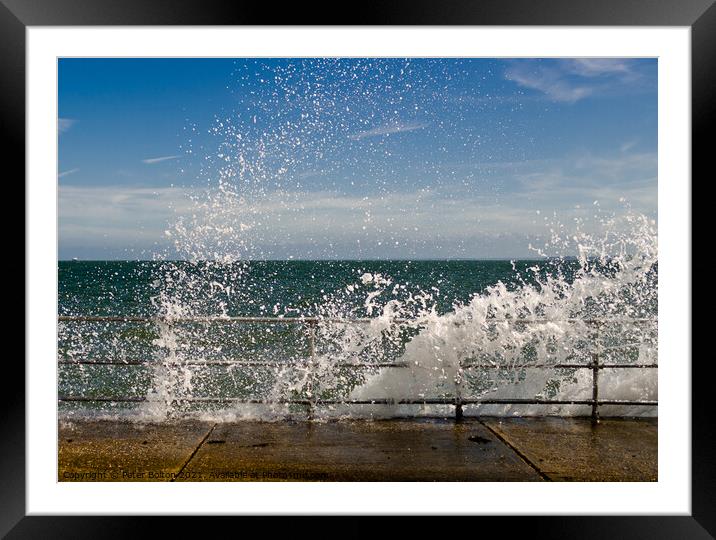Waves braking over the seawall at The Garrison, Shoeburyness, Essex, UK. Framed Mounted Print by Peter Bolton