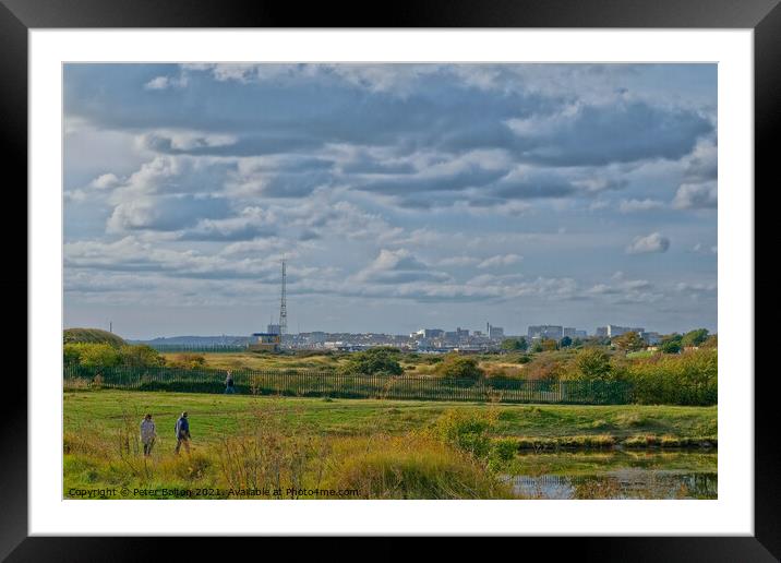 Southend on Sea skyline from Gunners Park Nature Reserve, Shoeburyness, Essex, UK. Framed Mounted Print by Peter Bolton