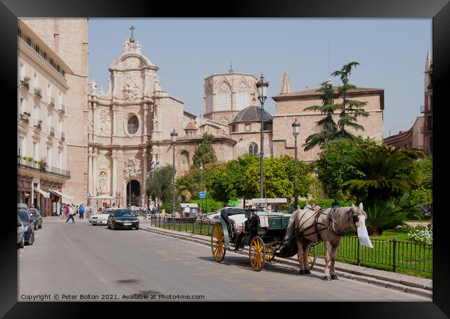 A horse drawn carriage in Malaga, Spain. Framed Print by Peter Bolton