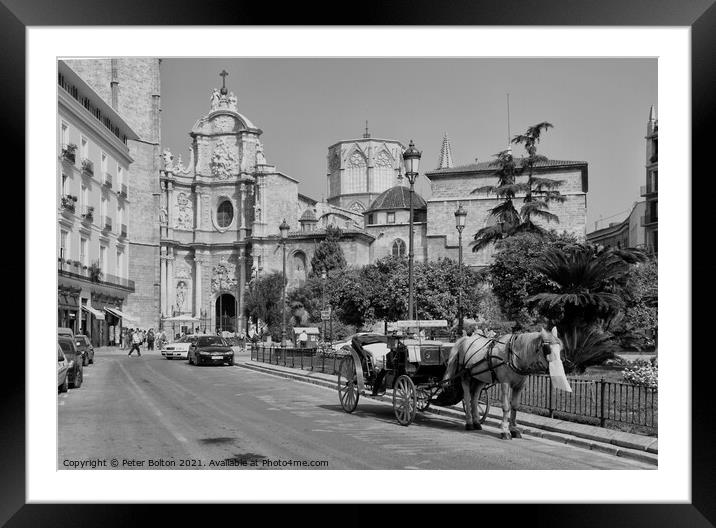 A horse drawn carriage in Malaga, Spain. Black and white. Framed Mounted Print by Peter Bolton
