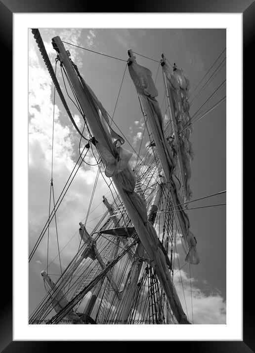Mercedes sailing ship. Abstract view of her masts and furled sails in black and white Framed Mounted Print by Peter Bolton