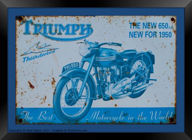 Vintage enamel sign showing Triumph motorcycle Framed Print by Peter Bolton
