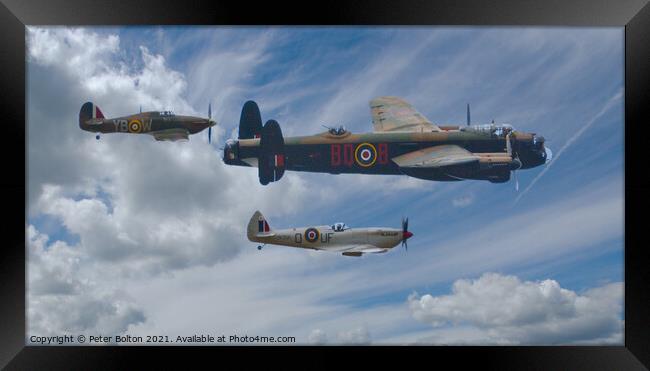Spitfire, Hurricane and Lancaster Bomber. Battle of Britain Memorial Flight. Framed Print by Peter Bolton