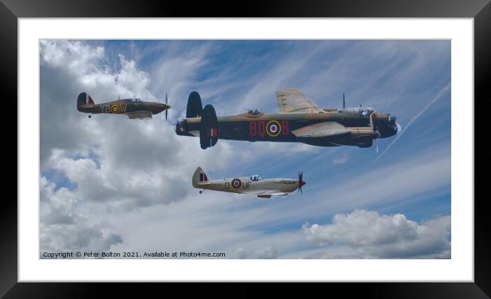 Spitfire, Hurricane and Lancaster Bomber. Battle of Britain Memorial Flight. Framed Mounted Print by Peter Bolton