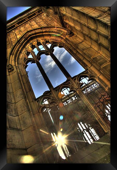 Sunlight at the bombed out church Framed Print by Simon Case
