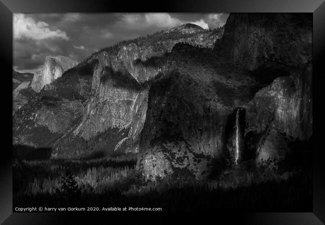 Yosemite Valley with Bridalveil Falls, Black and W Framed Print by harry van Gorkum