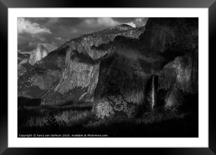 Yosemite Valley with Bridalveil Falls, Black and W Framed Mounted Print by harry van Gorkum