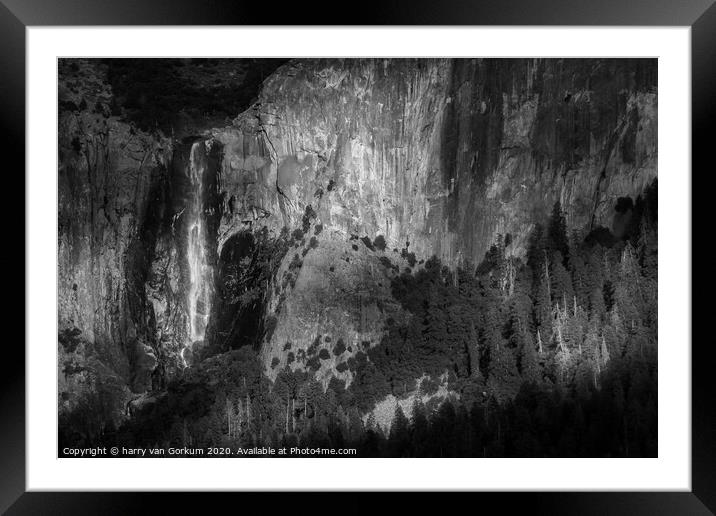 Bridalveil Fall, Yosemite in black and white Framed Mounted Print by harry van Gorkum