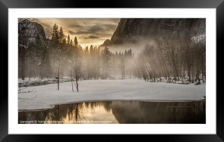 Mist and snow on the Merced River, Yosemite Framed Mounted Print by harry van Gorkum