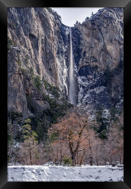 Bridaveil Falls, Yosemite in the snow. Framed Print by harry van Gorkum