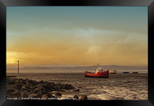 Morecambe Bay Boats At Sunset Framed Print by Heather Sheldrick