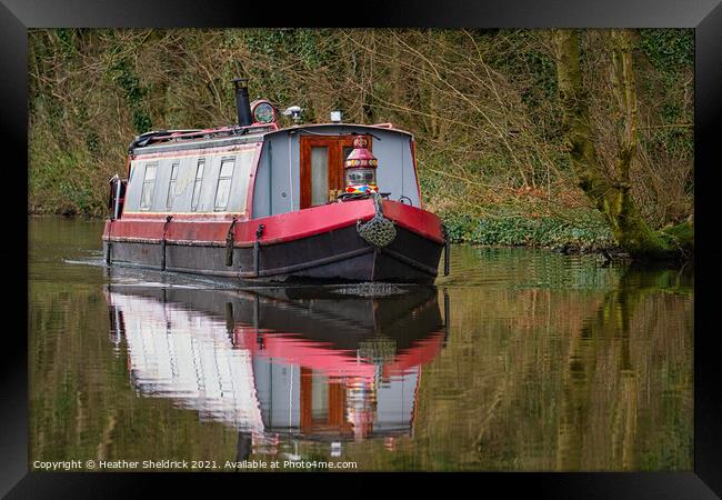 Narrowboat and Reflection on Canal Framed Print by Heather Sheldrick