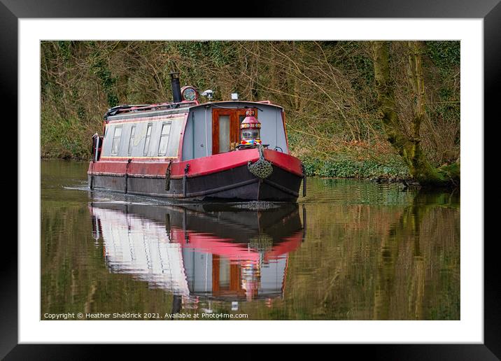 Narrowboat and Reflection on Canal Framed Mounted Print by Heather Sheldrick