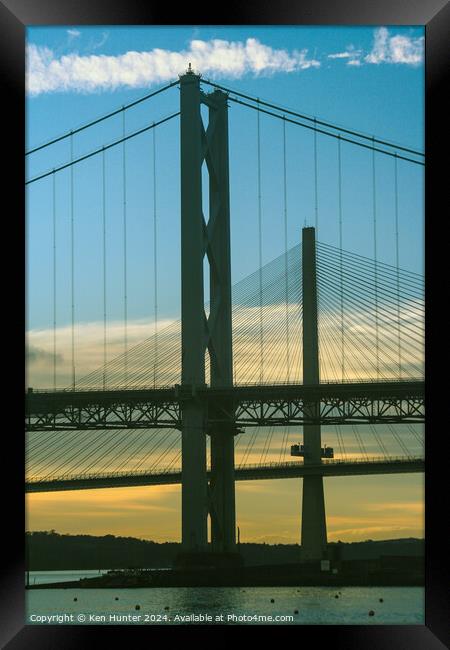 The Two Forth Road Bridge Towers at Sunset Framed Print by Ken Hunter