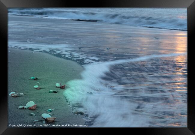 Beach Wave Action at Sunrise Framed Print by Ken Hunter
