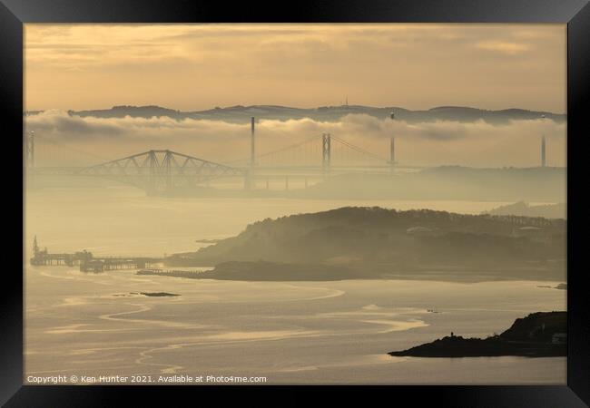 Forth Bridges in Misty Sunset Framed Print by Ken Hunter