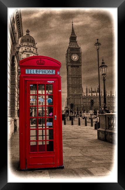 Big Ben with old London red telephone booth Framed Print by Stephen Munn