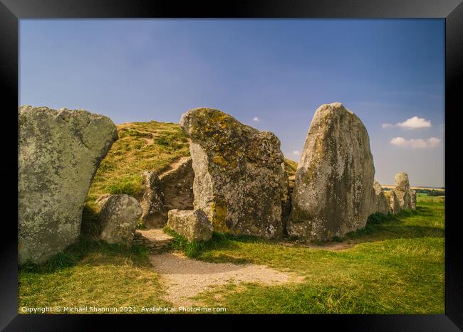 Standing stones in front of the West Kennet Long B Framed Print by Michael Shannon