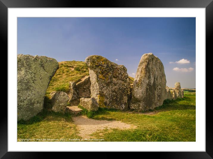 Standing stones in front of the West Kennet Long B Framed Mounted Print by Michael Shannon