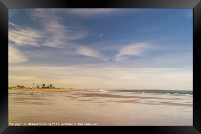 Redcar beach and the old steel works at low tide Framed Print by Michael Shannon