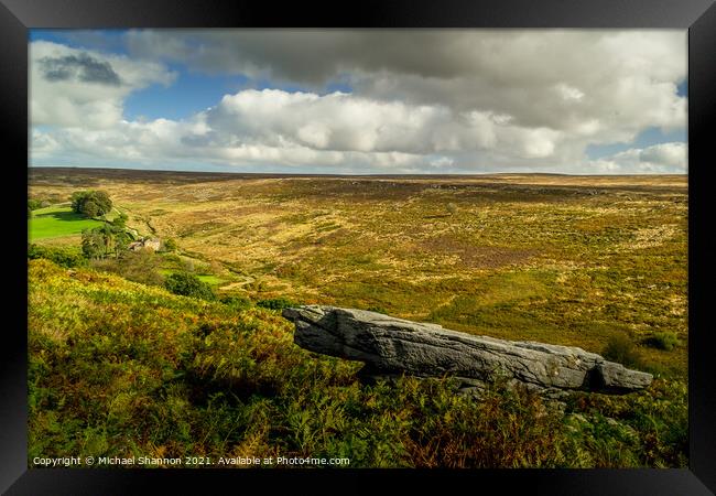 Large Stone overlooking Wheeldale, North Yorkshire Framed Print by Michael Shannon