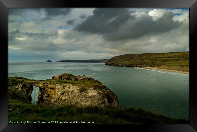 Moody, atmospheric day in Perranporth in Cornwall Framed Print by Michael Shannon