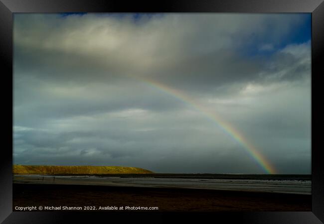 Rainbow over Filey beach, North Yorkshire Framed Print by Michael Shannon