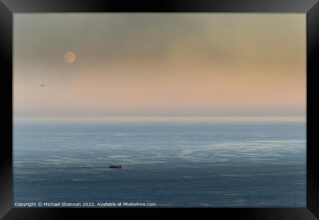 Nearly Home, Solitary fishing boat return to harbo Framed Print by Michael Shannon