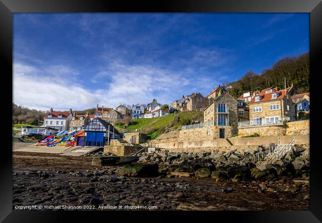 Cottages and boathouse in Runswick Bay, North York Framed Print by Michael Shannon