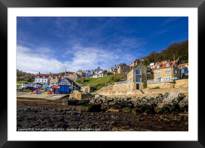 Cottages and boathouse in Runswick Bay, North York Framed Mounted Print by Michael Shannon