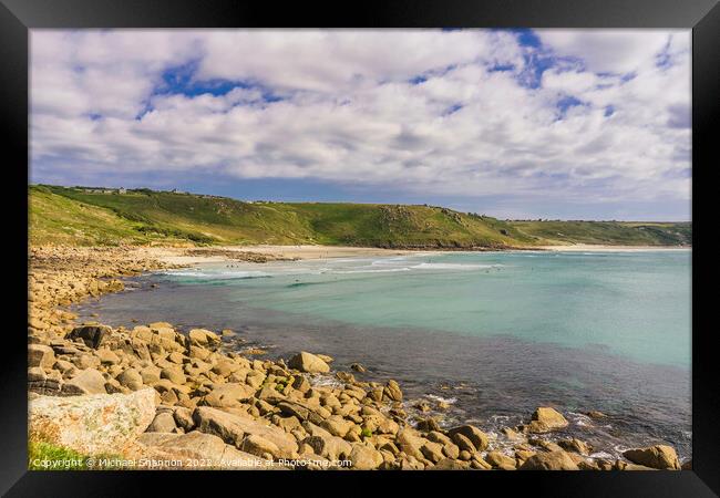 Whitesand Bay and Sennen Cove in Cornwall Framed Print by Michael Shannon