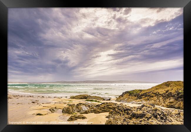 Stormy and Overcast Day at Godrevy Beach in Cornwa Framed Print by Michael Shannon