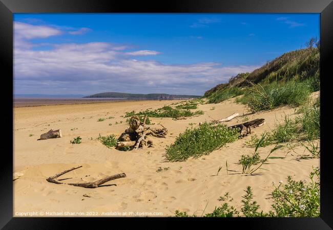 View of the beach and sand dunes at Berrow in Some Framed Print by Michael Shannon