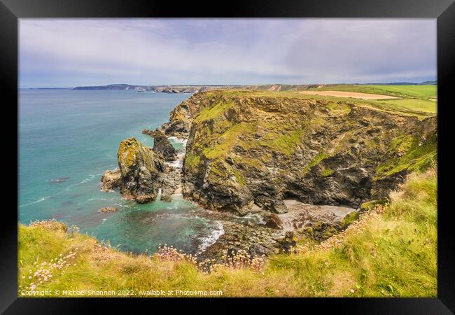 Rocky cliffs near Hell's Mouth in Cornwall Framed Print by Michael Shannon