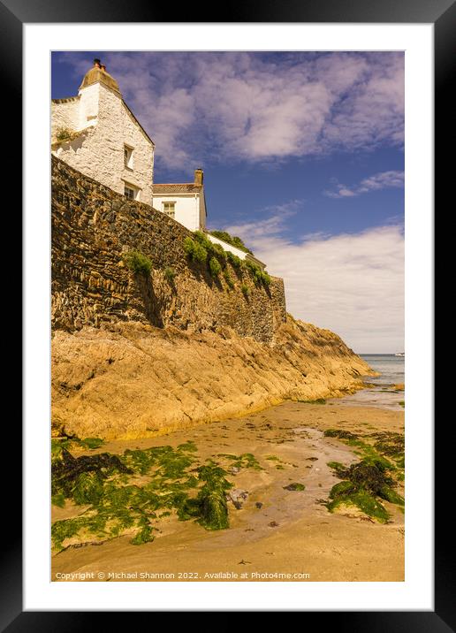 Whitewashed Cottages and sea wall in Gorran Haven, Framed Mounted Print by Michael Shannon