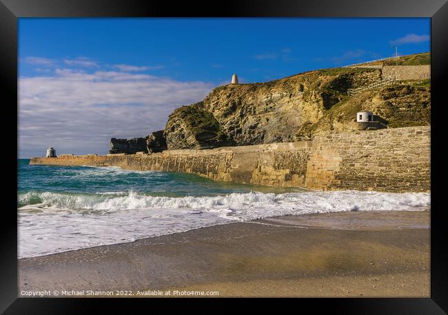 Waves breaking onto the beach in Portreath, Cornwa Framed Print by Michael Shannon