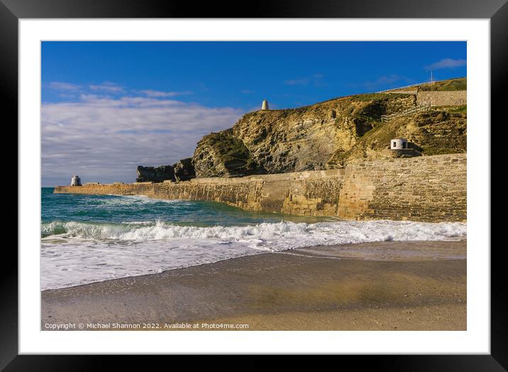 Waves breaking onto the beach in Portreath, Cornwa Framed Mounted Print by Michael Shannon