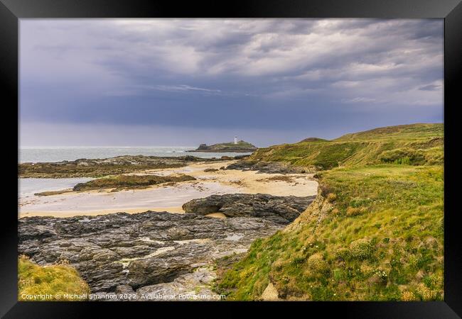 View from the cliffs above Godrevy beach in Cornwa Framed Print by Michael Shannon