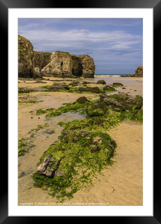 Rocks and Cliffs at Perranporth beach in Cornwall Framed Mounted Print by Michael Shannon