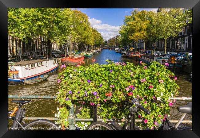Bike, flowers on bridge over canal in Amsterdam Framed Print by Michael Shannon