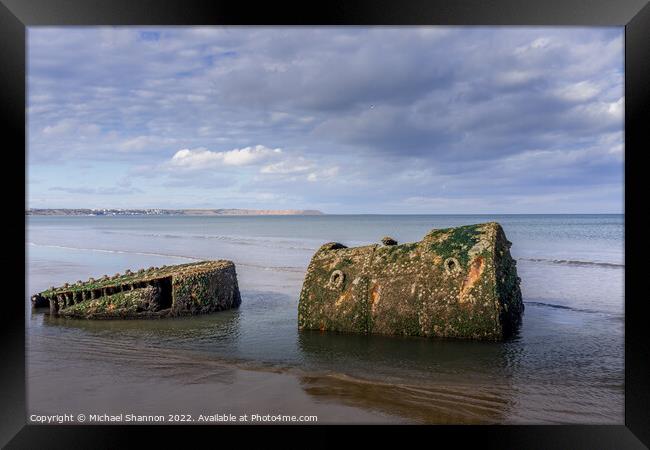 Old shipwreck on the beach near Reighton (Filey Ba Framed Print by Michael Shannon