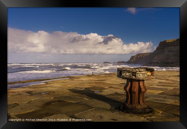 Rusty old Capstan on the East Pier, Whitby, North  Framed Print by Michael Shannon