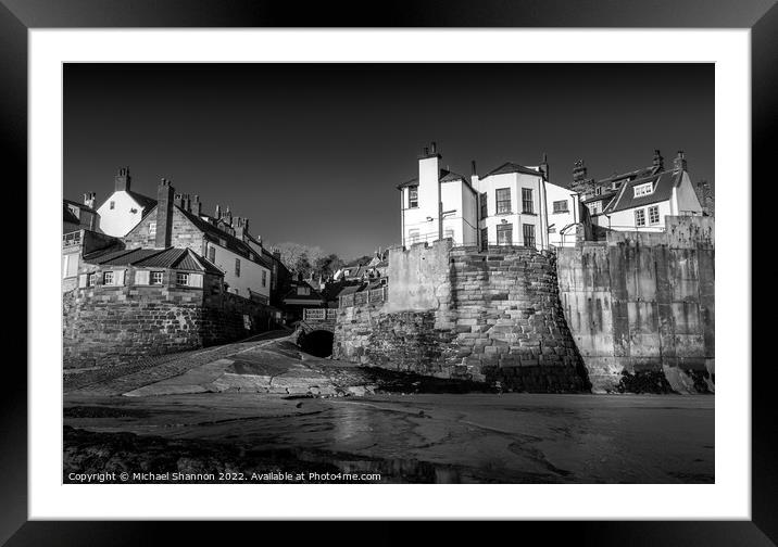 Robin Hoods Bay (Black and White) Framed Mounted Print by Michael Shannon